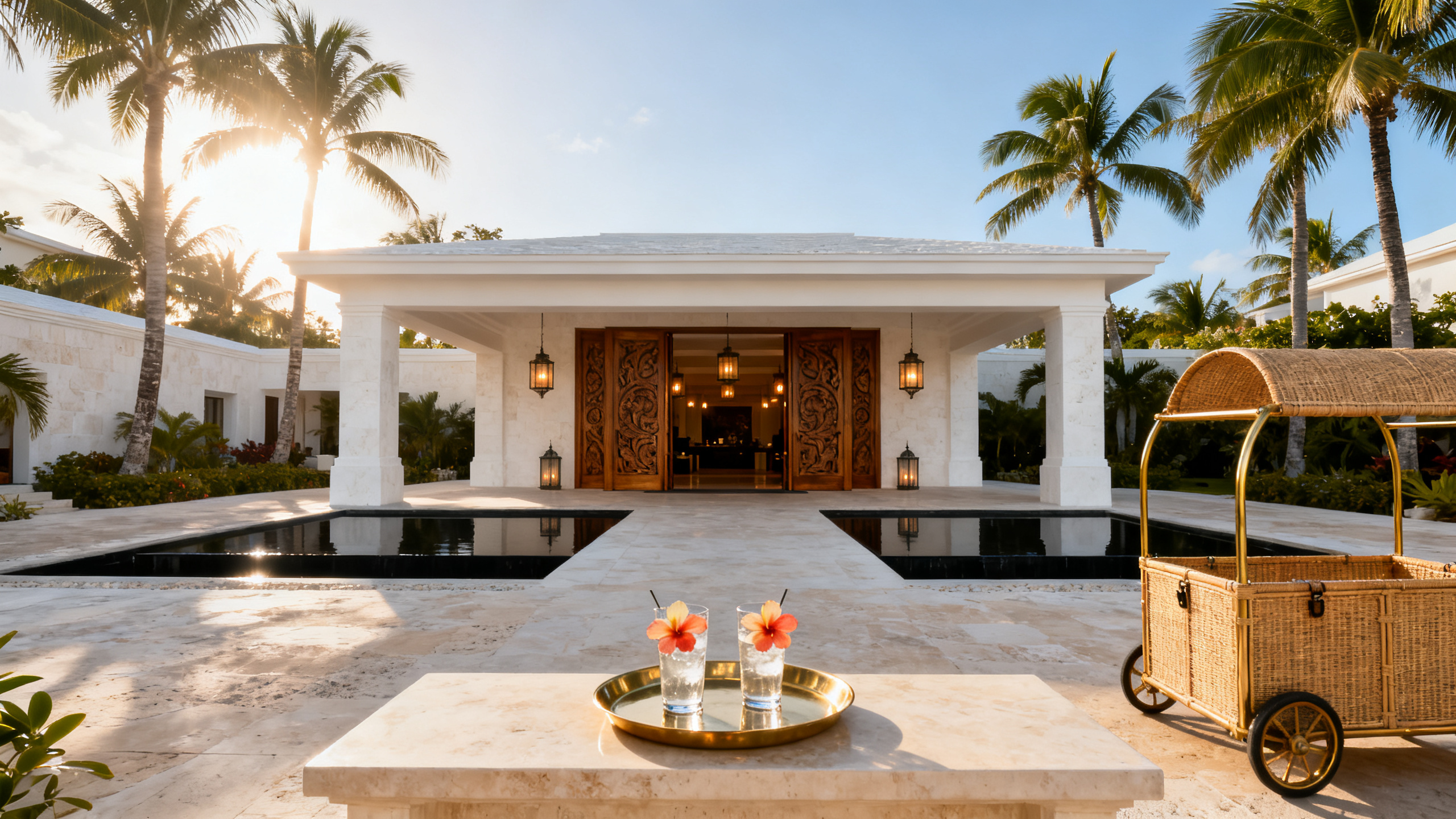 Limestone porte-cochere at morning, carved timber doors open onto a lantern-lit lobby.