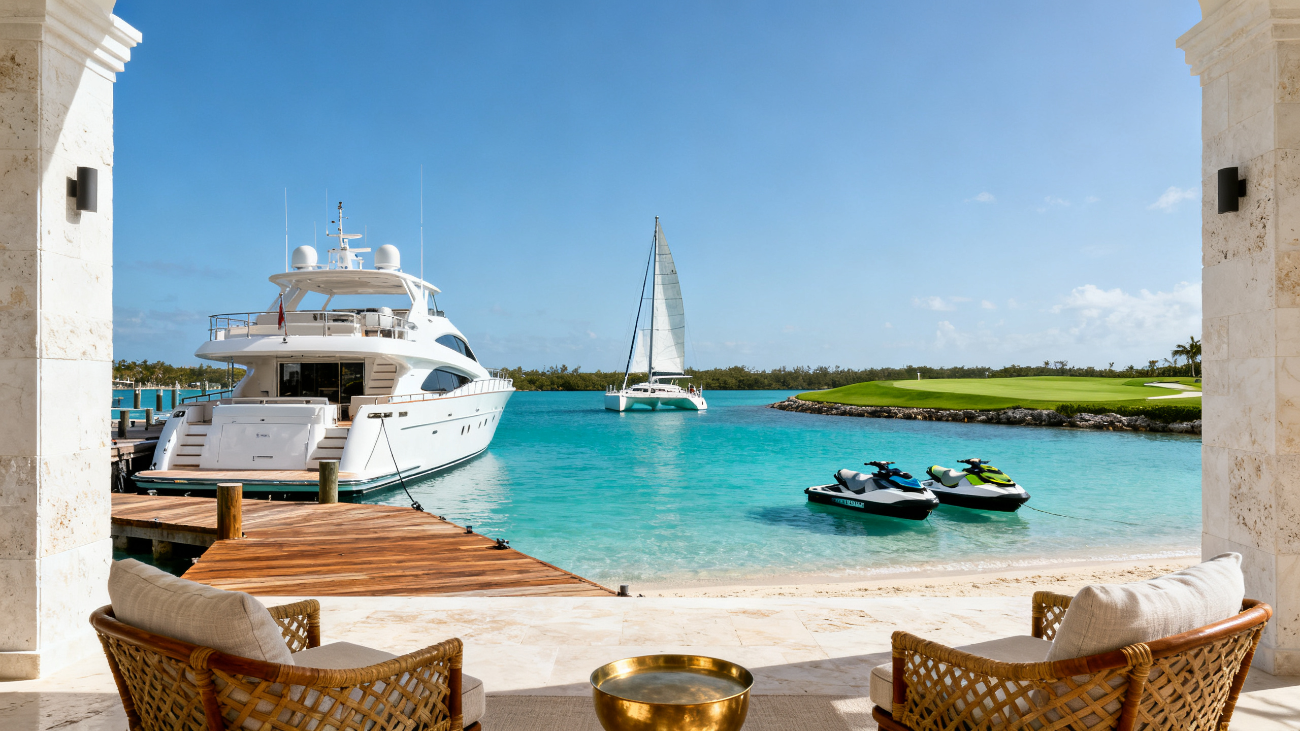 Private marina in morning light: a motor yacht at a timber dock, jet skis, a catamaran under sail.