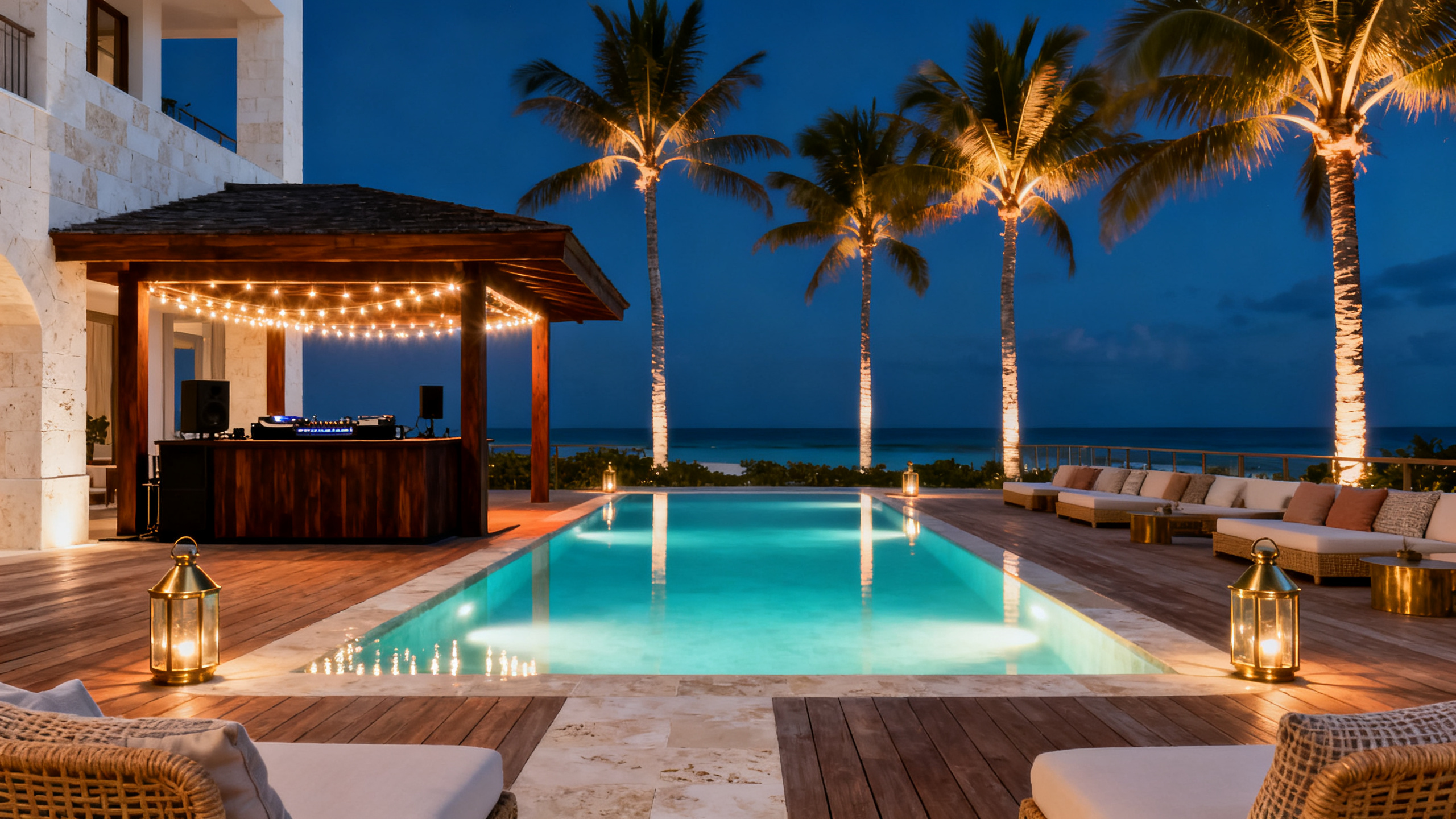 Resort terrace after dark: an illuminated pool, a timber DJ booth, uplit palms against a night sky.